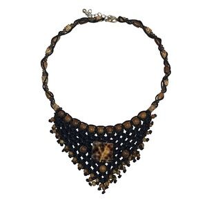 Vintage Black and Brown Beaded Crochet Statement Necklace